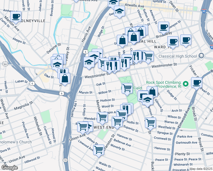 map of restaurants, bars, coffee shops, grocery stores, and more near 43 Oak Street in Providence