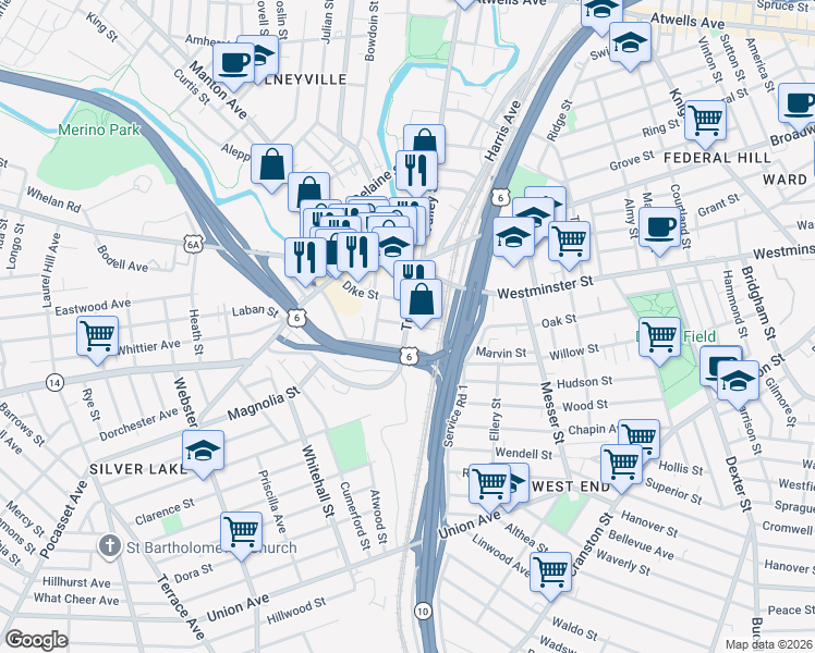 map of restaurants, bars, coffee shops, grocery stores, and more near 66 Dike Street in Providence