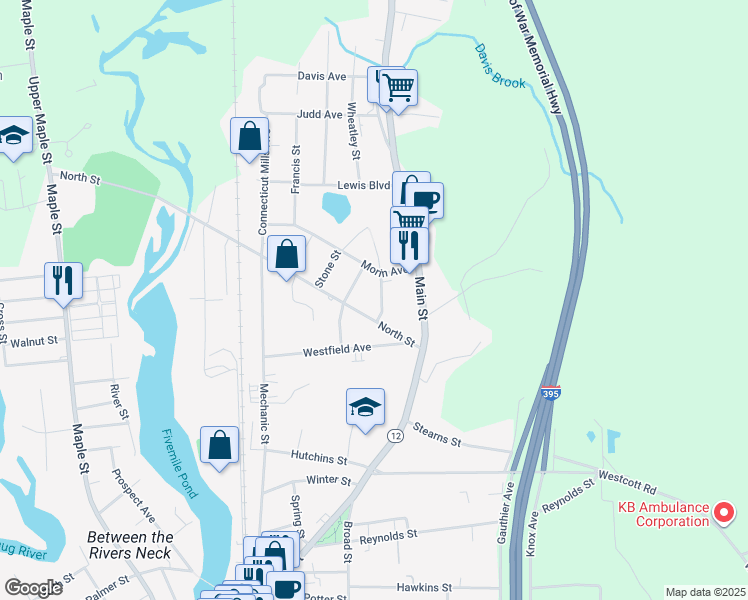 map of restaurants, bars, coffee shops, grocery stores, and more near 25 Morin Avenue in Killingly