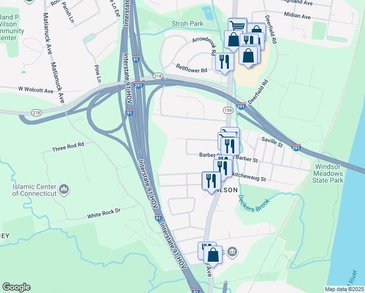map of restaurants, bars, coffee shops, grocery stores, and more near 88 Allen Street in Windsor