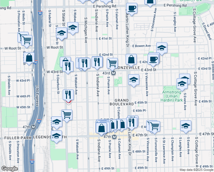 map of restaurants, bars, coffee shops, grocery stores, and more near 4341 South Prairie Avenue in Chicago