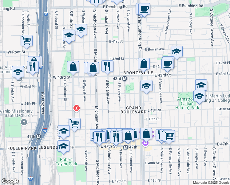 map of restaurants, bars, coffee shops, grocery stores, and more near 4333 South Indiana Avenue in Chicago