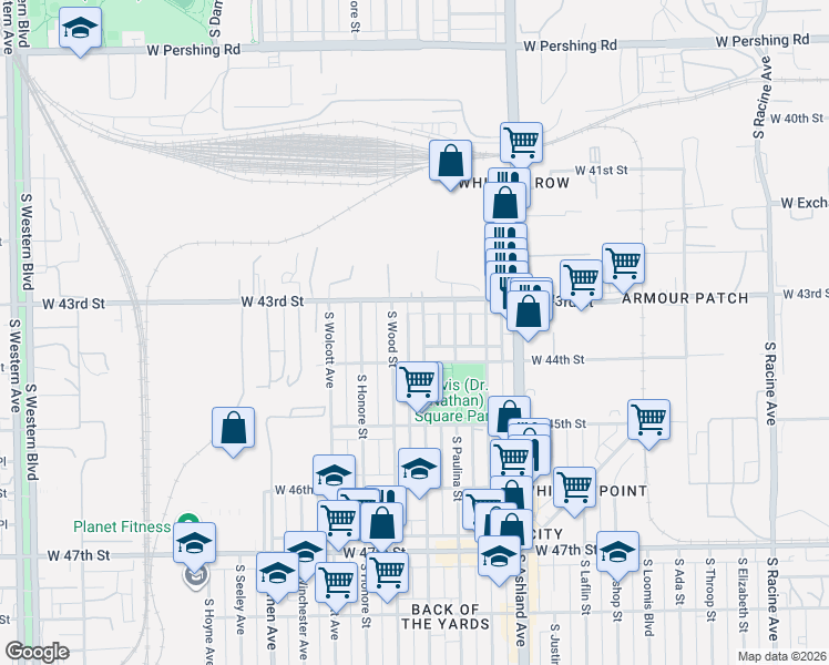 map of restaurants, bars, coffee shops, grocery stores, and more near 4300 South Hermitage Avenue in Chicago