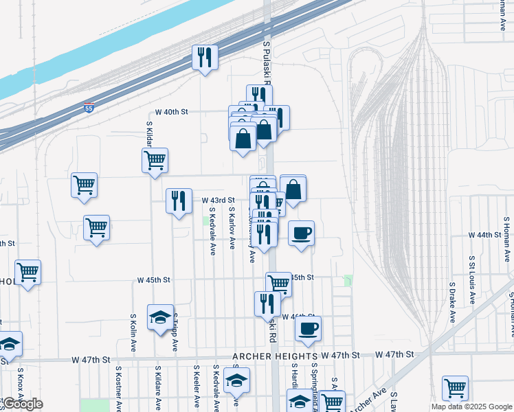 map of restaurants, bars, coffee shops, grocery stores, and more near 4222 South Pulaski Road in Chicago