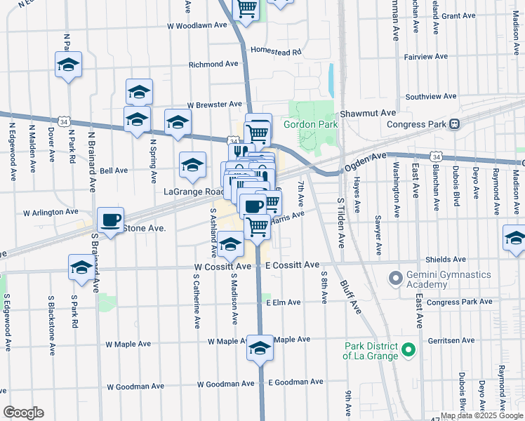 map of restaurants, bars, coffee shops, grocery stores, and more near 8 LaGrange Road in La Grange