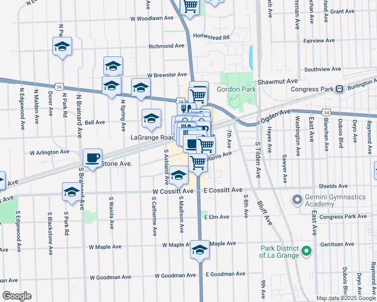 map of restaurants, bars, coffee shops, grocery stores, and more near 8 South La Grange Road in La Grange