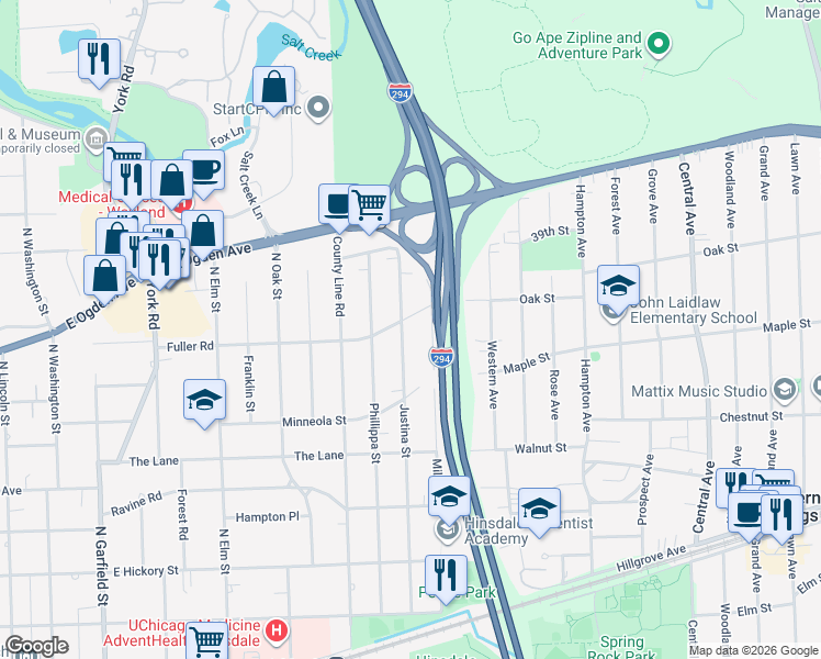 map of restaurants, bars, coffee shops, grocery stores, and more near 702 Mills Street in Hinsdale