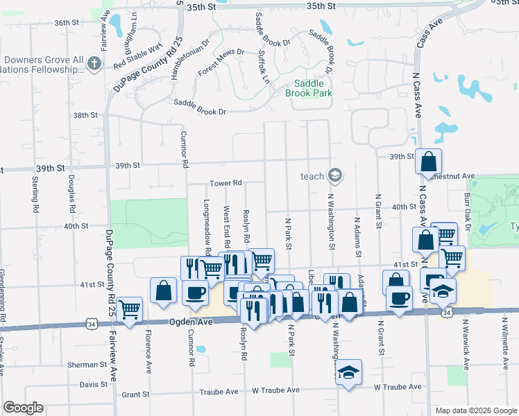map of restaurants, bars, coffee shops, grocery stores, and more near 3921 Williams Street in Downers Grove
