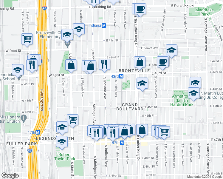 map of restaurants, bars, coffee shops, grocery stores, and more near 220 East 44th Street in Chicago