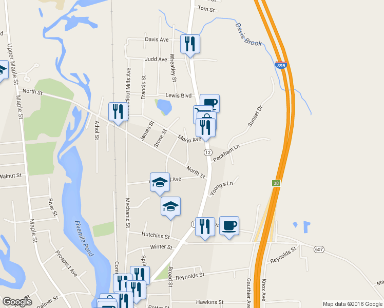 map of restaurants, bars, coffee shops, grocery stores, and more near 20 Wheatley Street in Killingly