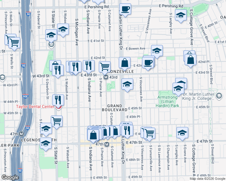 map of restaurants, bars, coffee shops, grocery stores, and more near 4357 South Calumet Avenue in Chicago