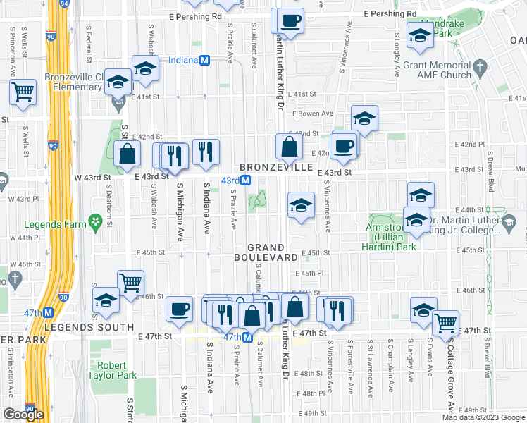 map of restaurants, bars, coffee shops, grocery stores, and more near 350 East 44th Street in Chicago
