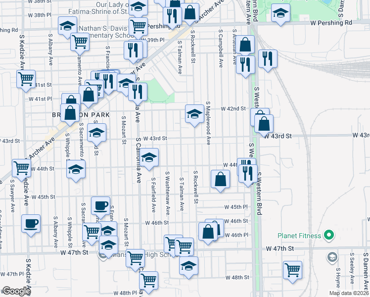 map of restaurants, bars, coffee shops, grocery stores, and more near 2609 West Pope John Paul II Drive in Chicago