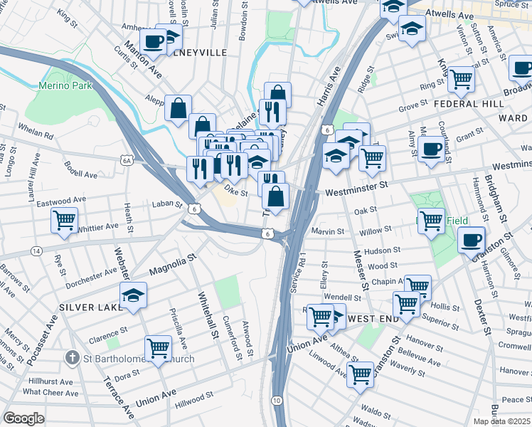 map of restaurants, bars, coffee shops, grocery stores, and more near Troy Street in Providence