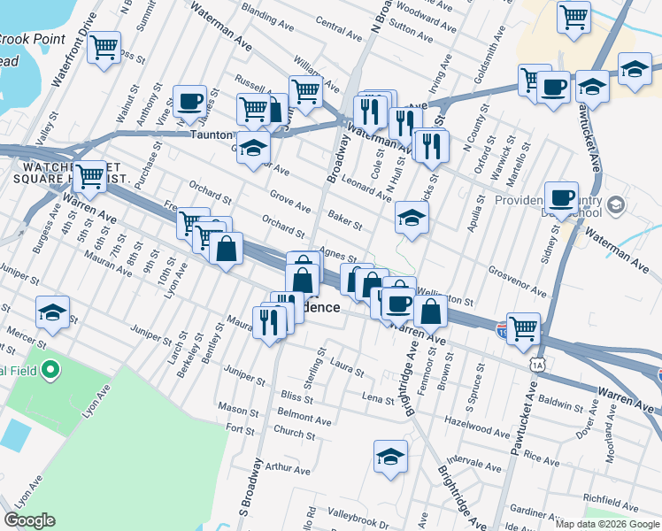 map of restaurants, bars, coffee shops, grocery stores, and more near 40 Agnes Street in East Providence