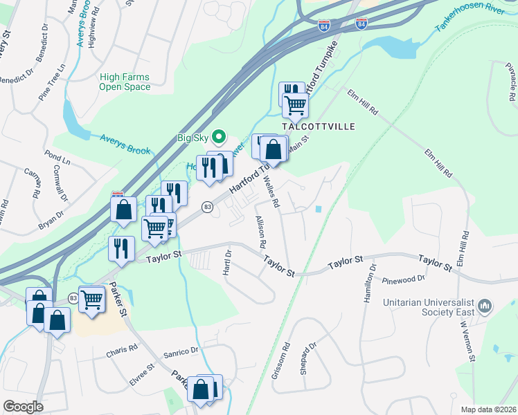 map of restaurants, bars, coffee shops, grocery stores, and more near 38 Acorn Road in Vernon