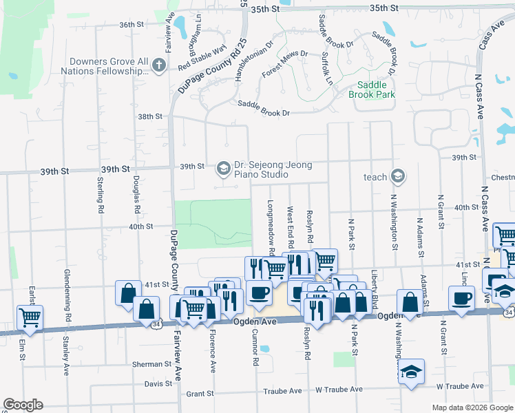 map of restaurants, bars, coffee shops, grocery stores, and more near 3932 Longmeadow Road in Downers Grove