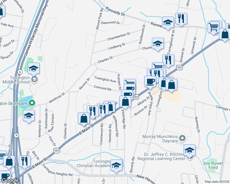 map of restaurants, bars, coffee shops, grocery stores, and more near 156 Concord Road in Torrington
