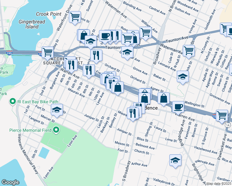 map of restaurants, bars, coffee shops, grocery stores, and more near 6 South Carpenter Street in East Providence