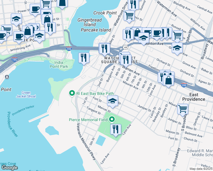 map of restaurants, bars, coffee shops, grocery stores, and more near 61 Burgess Avenue in East Providence