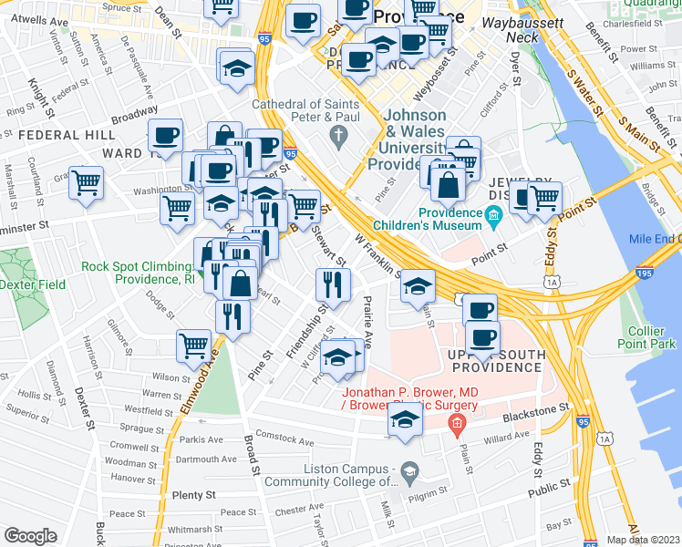 map of restaurants, bars, coffee shops, grocery stores, and more near 368 Pine Street in Providence