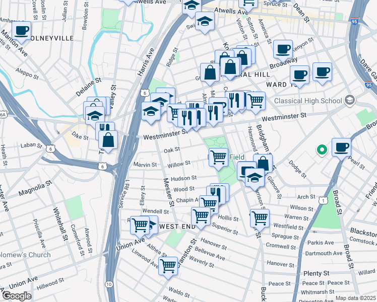 map of restaurants, bars, coffee shops, grocery stores, and more near 43 Oak Street in Providence