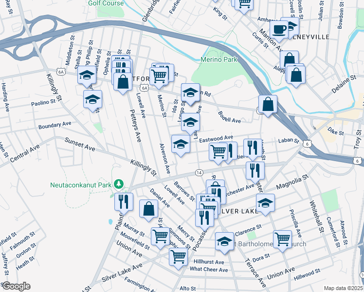 map of restaurants, bars, coffee shops, grocery stores, and more near 225 Eastwood Avenue in Providence