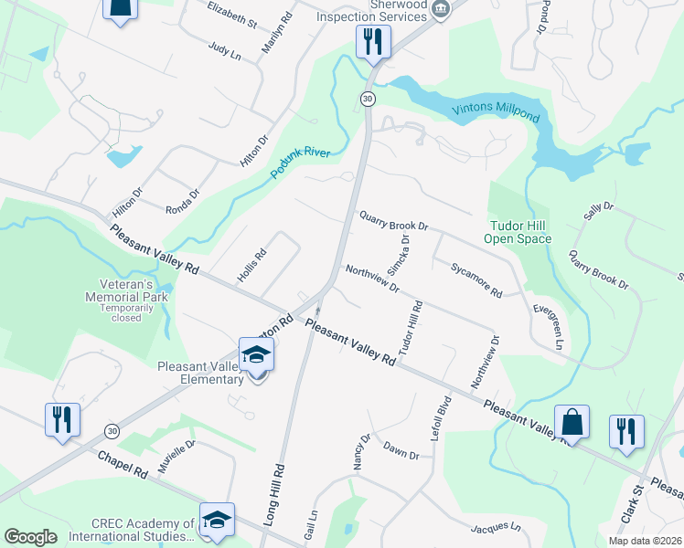map of restaurants, bars, coffee shops, grocery stores, and more near 17 Northview Drive in South Windsor