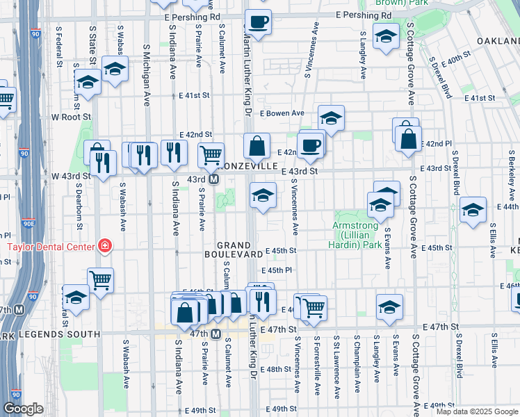 map of restaurants, bars, coffee shops, grocery stores, and more near 4331 South King Drive in Chicago