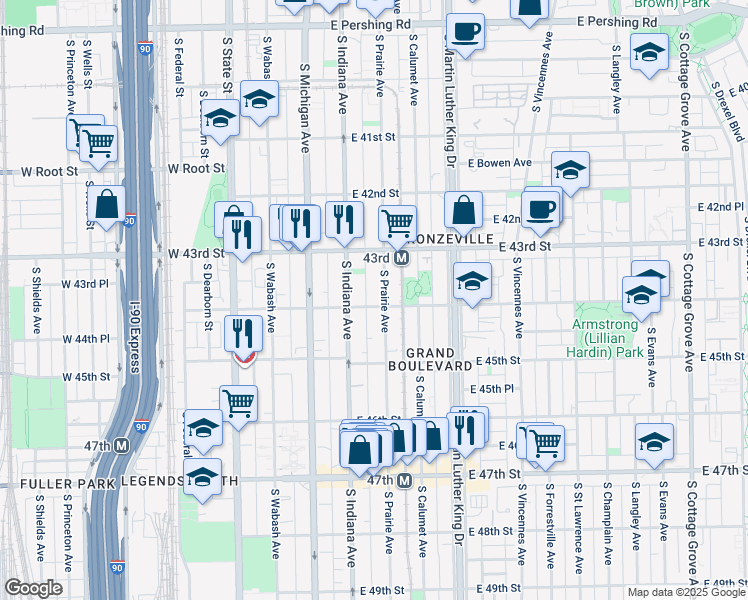 map of restaurants, bars, coffee shops, grocery stores, and more near 4341 South Prairie Avenue in Chicago