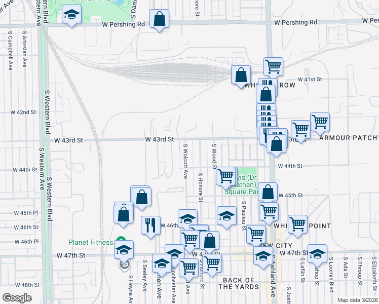 map of restaurants, bars, coffee shops, grocery stores, and more near 4307 South Wolcott Avenue in Chicago