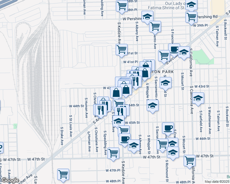 map of restaurants, bars, coffee shops, grocery stores, and more near 4301 South Sawyer Avenue in Chicago