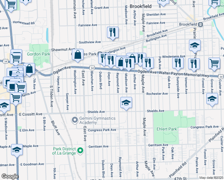 map of restaurants, bars, coffee shops, grocery stores, and more near 4150 Deyo Avenue in Brookfield
