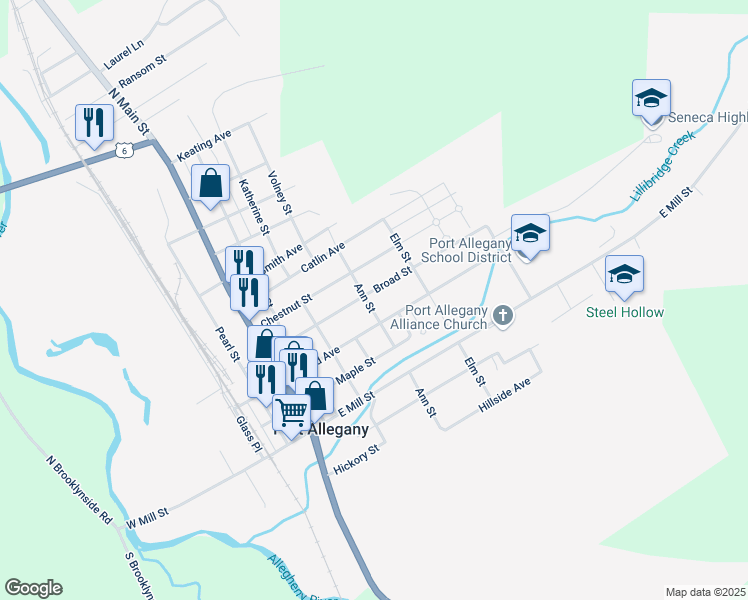 map of restaurants, bars, coffee shops, grocery stores, and more near 301-399 Broad Street in Port Allegany