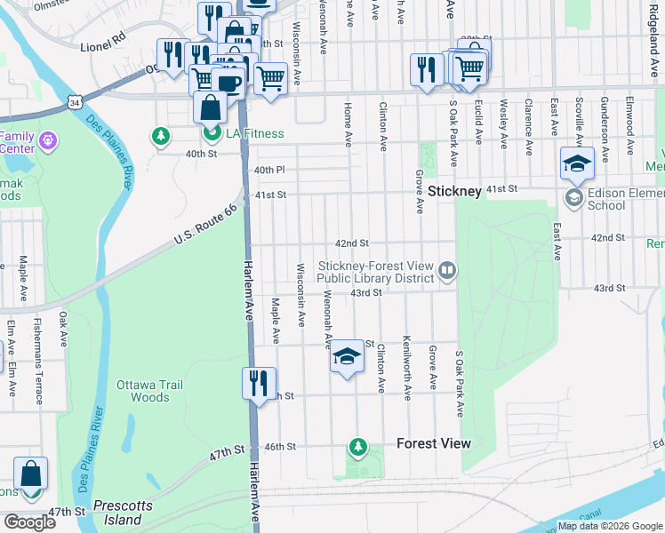 map of restaurants, bars, coffee shops, grocery stores, and more near 4207 Wenonah Avenue in Stickney