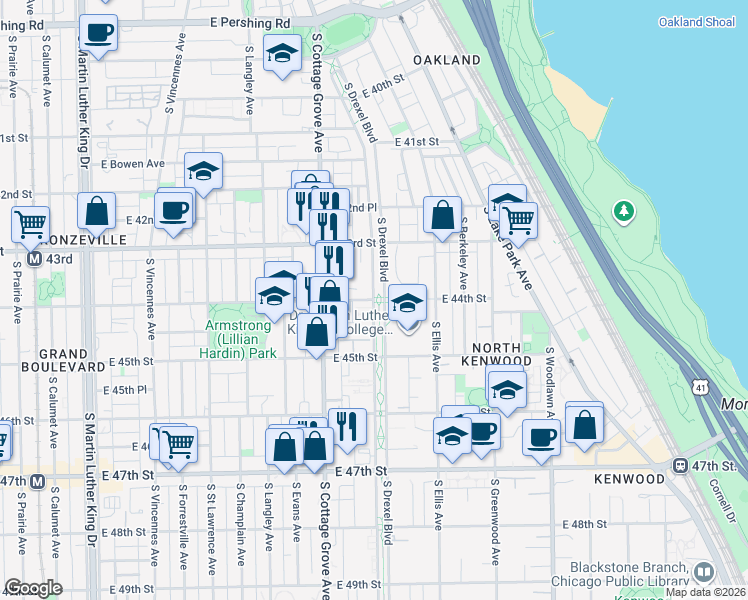 map of restaurants, bars, coffee shops, grocery stores, and more near S Drexel Blvd & E 44th St in Chicago