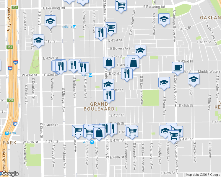 map of restaurants, bars, coffee shops, grocery stores, and more near 4331 South King Drive in Chicago