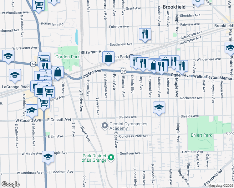 map of restaurants, bars, coffee shops, grocery stores, and more near 4167 Eberly Avenue in Brookfield