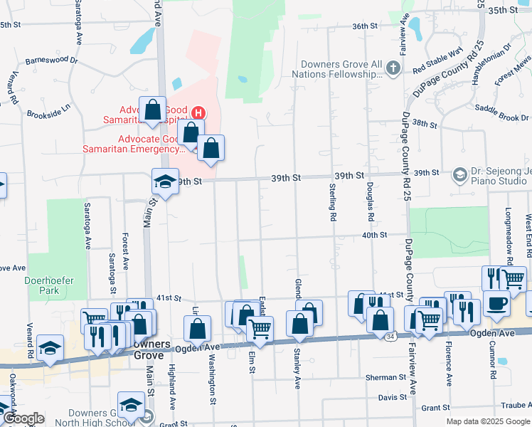 map of restaurants, bars, coffee shops, grocery stores, and more near 3941 Earlston Road in Downers Grove