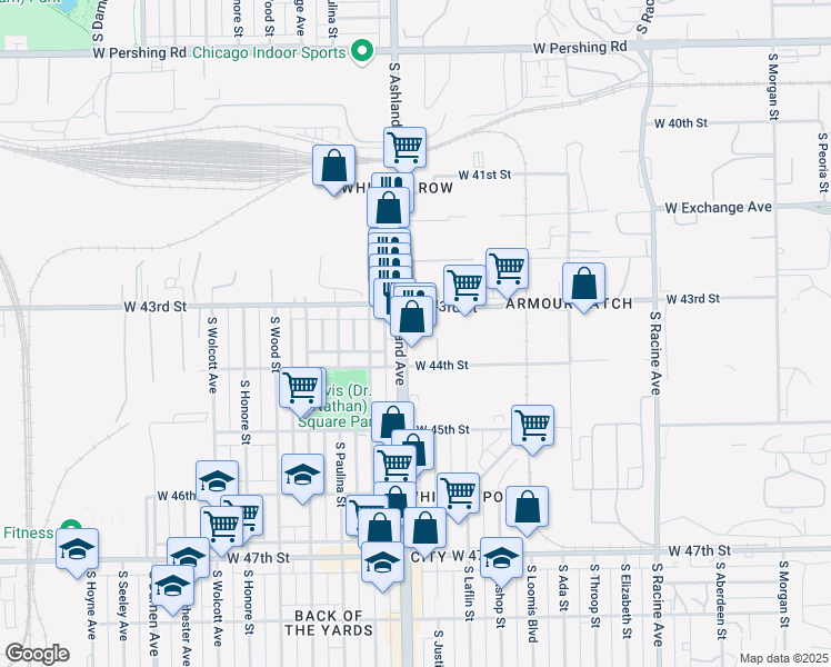 map of restaurants, bars, coffee shops, grocery stores, and more near 4301 South Ashland Avenue in Chicago