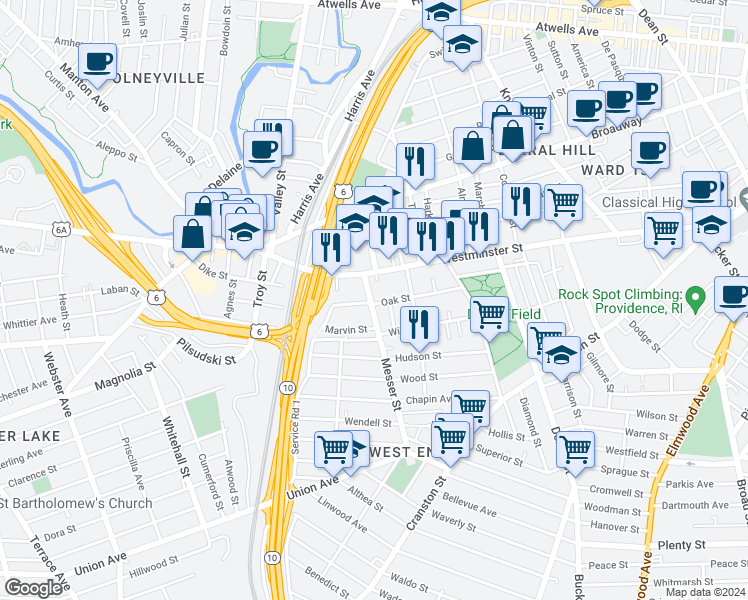 map of restaurants, bars, coffee shops, grocery stores, and more near 30 Messer Street in Providence