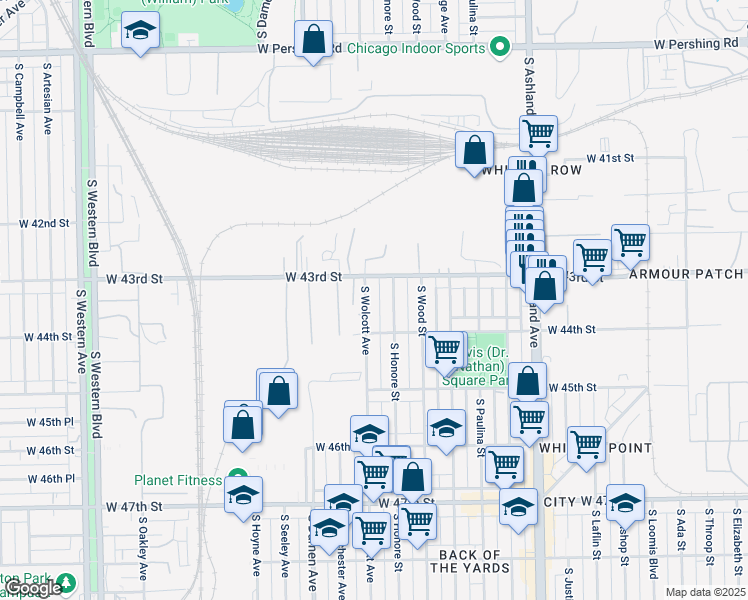 map of restaurants, bars, coffee shops, grocery stores, and more near 4307 South Wolcott Avenue in Chicago