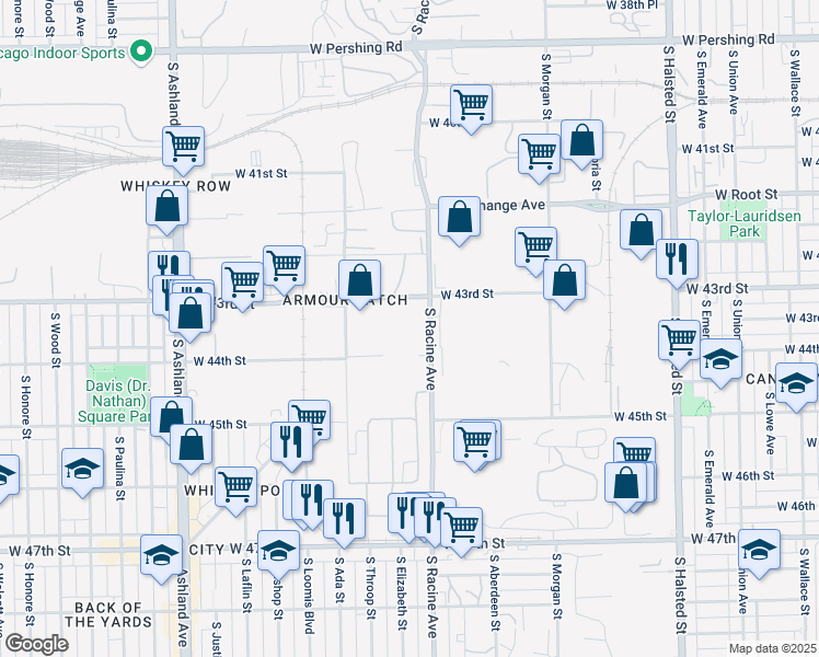 map of restaurants, bars, coffee shops, grocery stores, and more near 4330 South Racine Avenue in Chicago