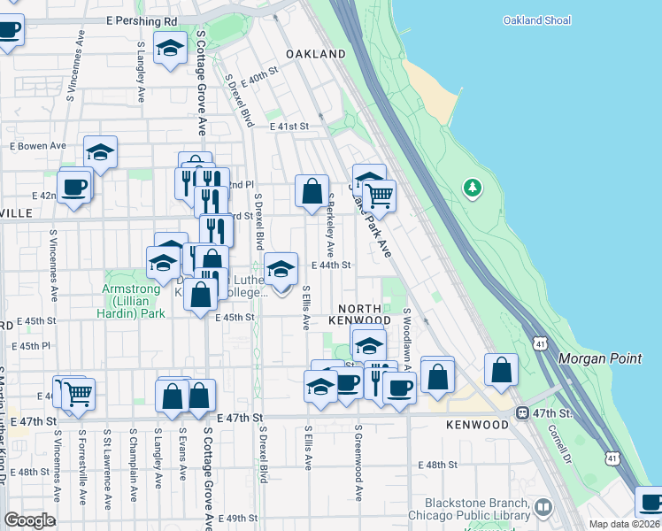 map of restaurants, bars, coffee shops, grocery stores, and more near East 44th Street & South Berkeley Avenue in Chicago