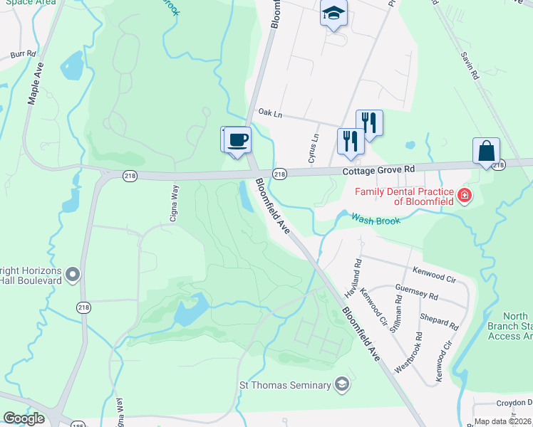 map of restaurants, bars, coffee shops, grocery stores, and more near 555 Bloomfield Avenue in Bloomfield
