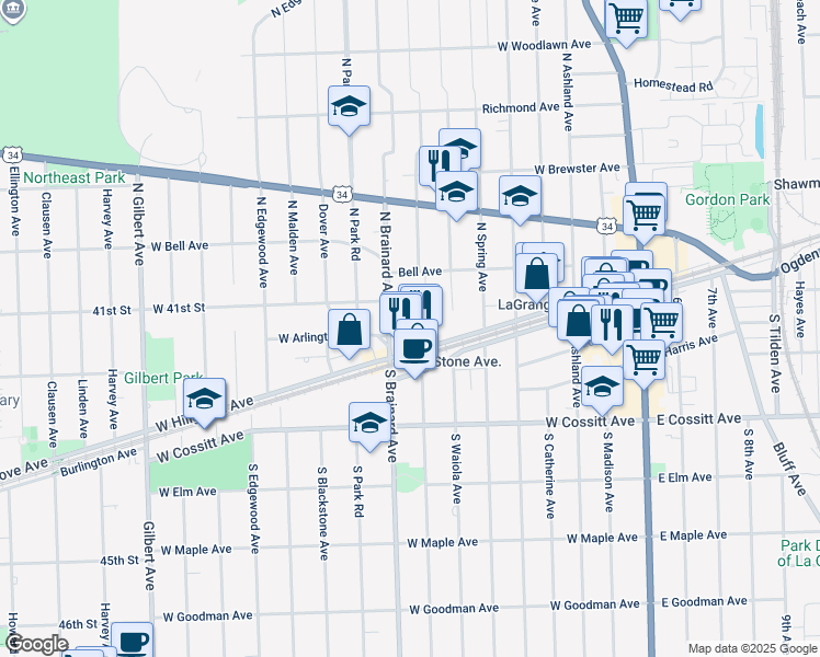 map of restaurants, bars, coffee shops, grocery stores, and more near 27 North Brainard Avenue in La Grange