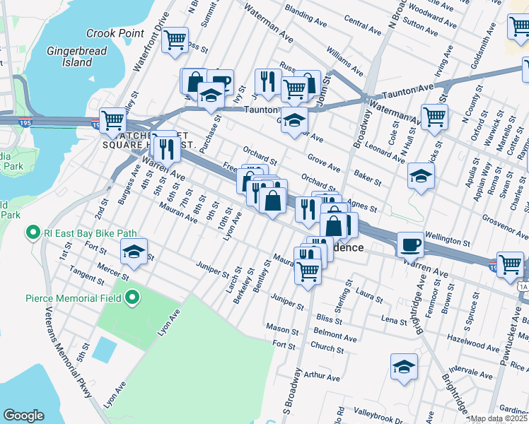 map of restaurants, bars, coffee shops, grocery stores, and more near 6 South Carpenter Street in East Providence