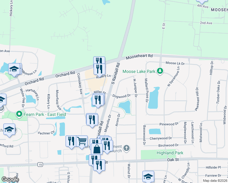 map of restaurants, bars, coffee shops, grocery stores, and more near 506 Magnolia Drive in North Aurora