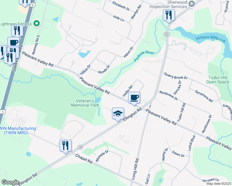 map of restaurants, bars, coffee shops, grocery stores, and more near 20 Woodside Drive in South Windsor