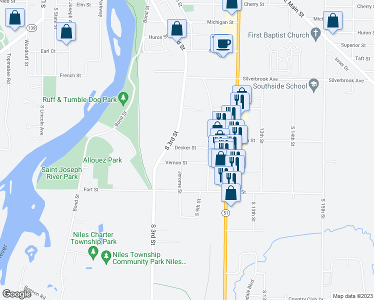 map of restaurants, bars, coffee shops, grocery stores, and more near 410 Decker Street in Niles